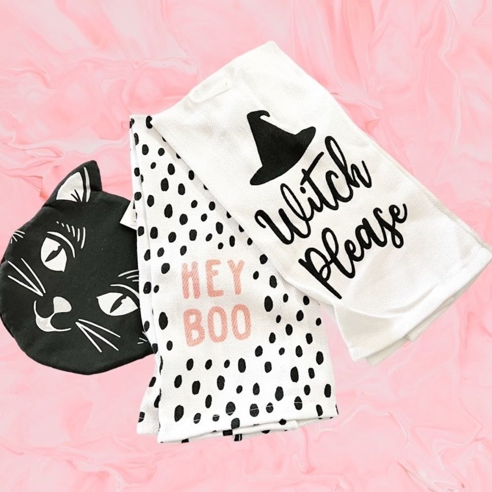 Witch, Please - Hey Boo - Black Cat Kitchen Tea Towel and Pot Holder Set - Picture 1 of 5